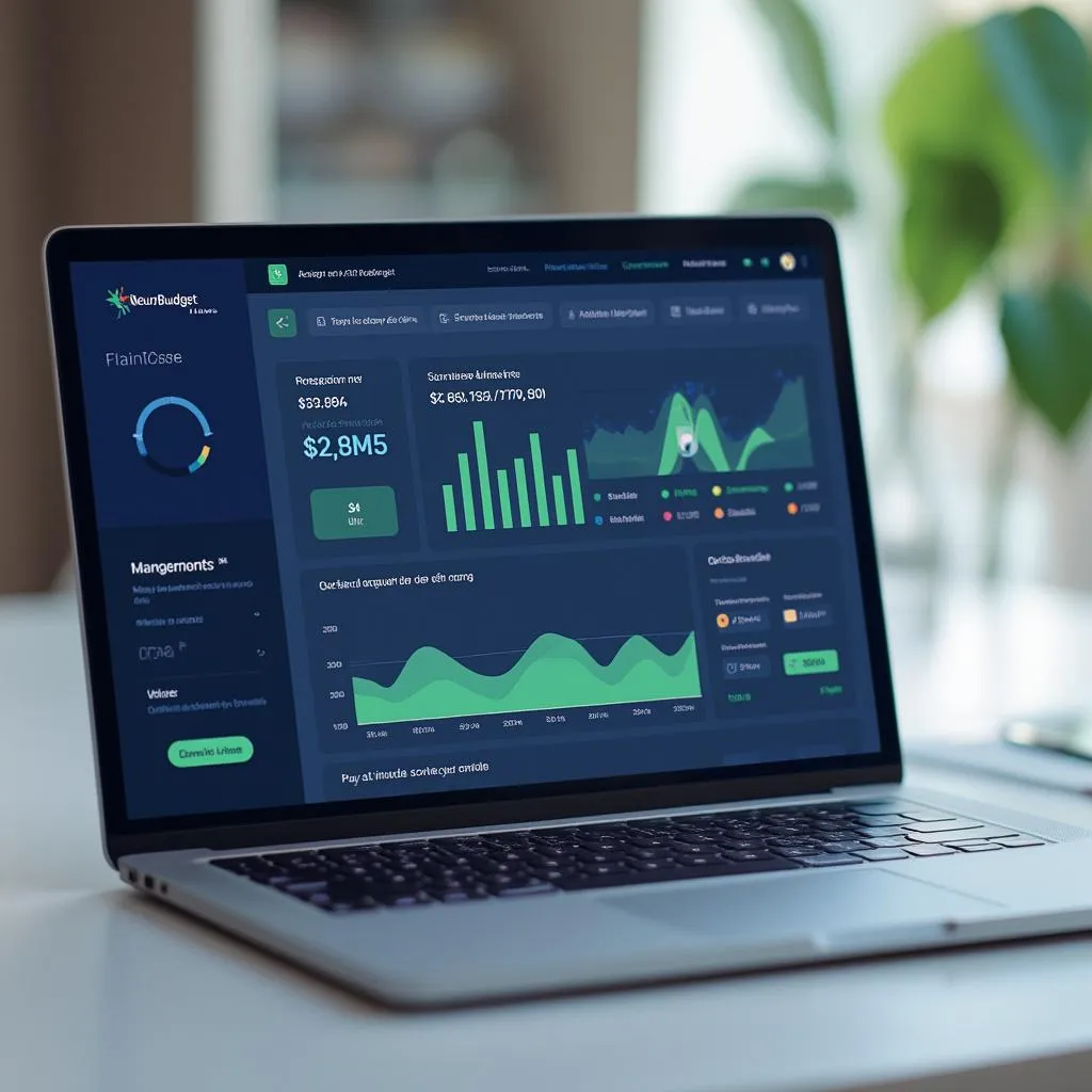 Interface utilisateur de NeuroBudget montrant des graphiques financiers sur un ordinateur portable.