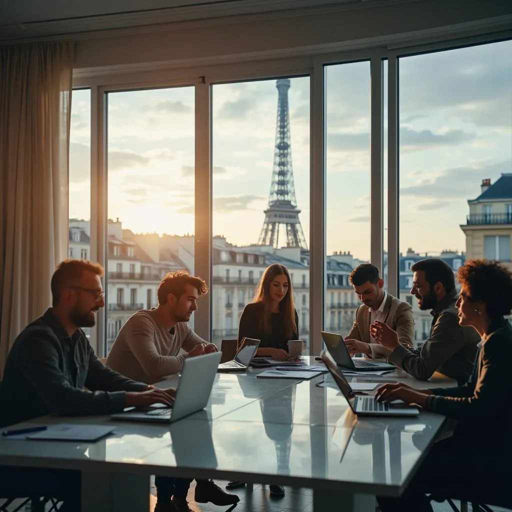 Équipe de NeuroBudget France en réunion de brainstorming dans un bureau parisien.